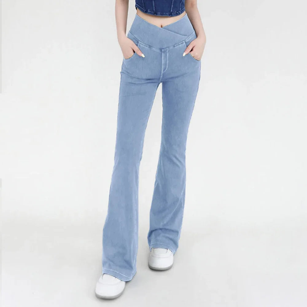 Women's High-Waist Flare Yoga Pants - 4-Way Stretch Denim