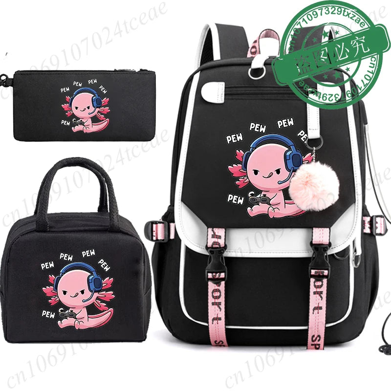 Mochila Escolar Anime Boba Axolotl con Lonchera y Estuche - Set 3 Piezas para Adolescentes