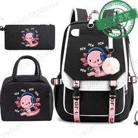 Mochila Escolar Anime Boba Axolotl con Lonchera y Estuche - Set 3 Piezas para Adolescentes