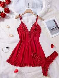 Conjunto de Lencería Sexy de Encaje para Mujer - Camisola Transparente con Panty a Juego