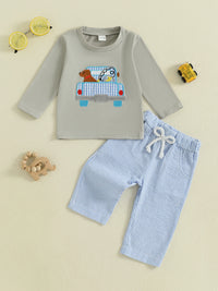 Toddler Girl 2-Piece Winter Outfit | Cat & Flower Embroidery Top + Polka Dot Pants