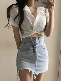Cross-Front Turn-Down Collar Crop Blouse – Korean Chic Slim Fit Women's Summer Top