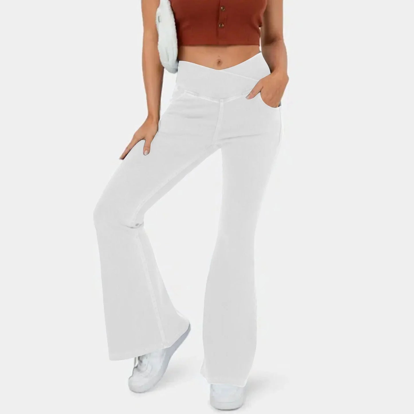 Women's High-Waist Crossover Flare Denim Pants - Hip-Lifting Stretch