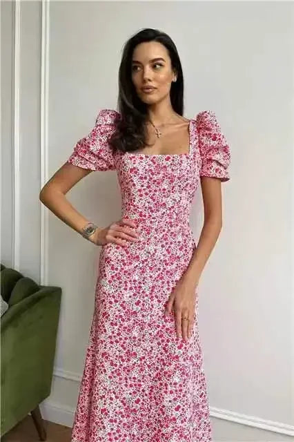 Vestido Midi Floral Coreano - Manga Corta Abullonada Elegante para Mujer