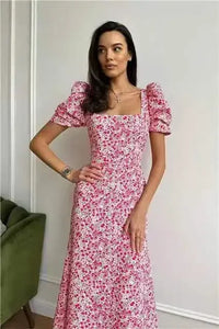 Vestido Midi Floral Coreano - Manga Corta Abullonada Elegante para Mujer