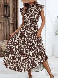 Floral Flying Sleeve Lace-Up Midi Dress | Elegant A-Line Empire Waist Women's Summer Dress