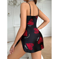 Camisón de Satén con Estampado de Labios Rojos - Vestido de Dormir Sexy Espalda Descubierta