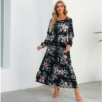 Vestido Maxi Mujer Bohemio - Manga Larga Cintura Alta Estampado Floral Chiffon Playa