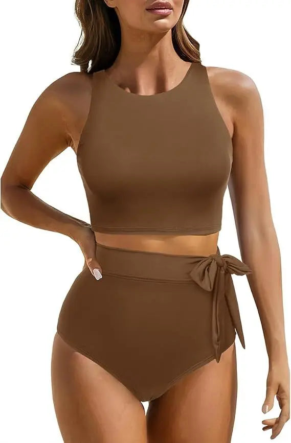 Women's High Waist Bandeau Bikini Set | Solid Color Sporty Swimwear | 2-Piece