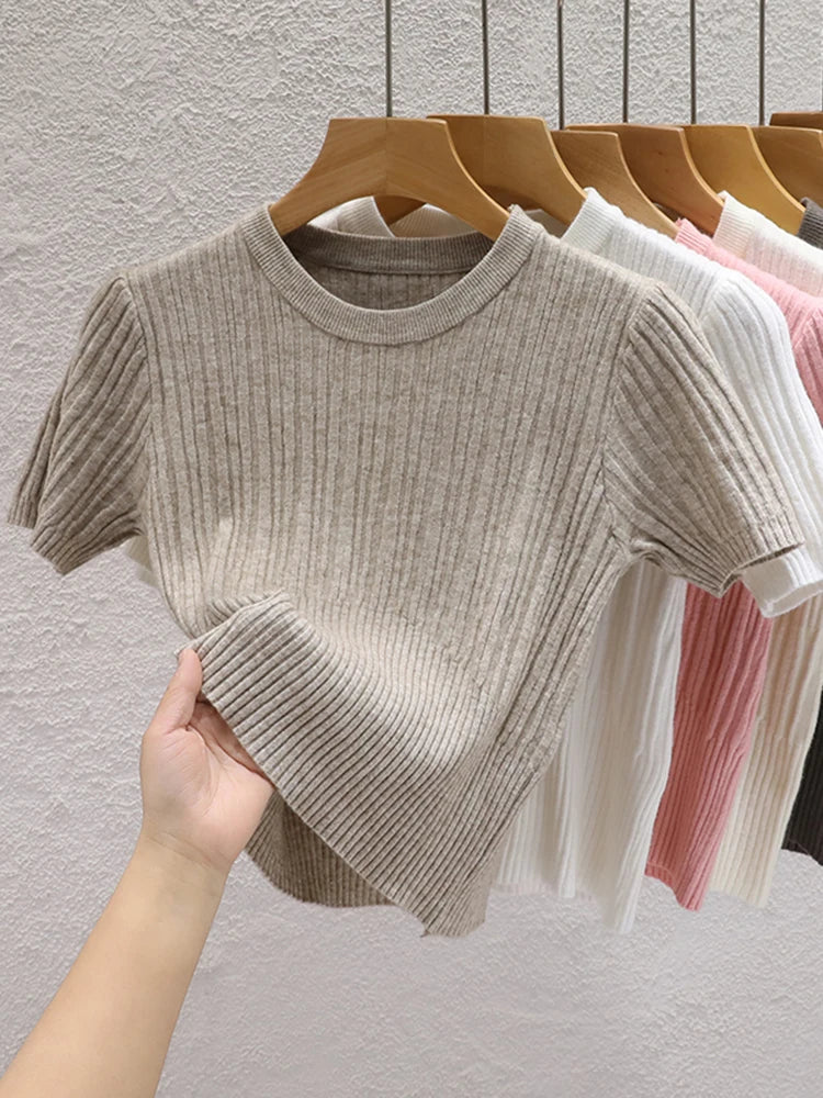 Korean Knit Slim Fit T-Shirt – Solid Color Short Sleeve Women's Streetwear Tee