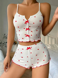 Pijama Mujer 2 Piezas Estampado Corazones - Conjunto Sexy Camisola y Shorts con Encaje