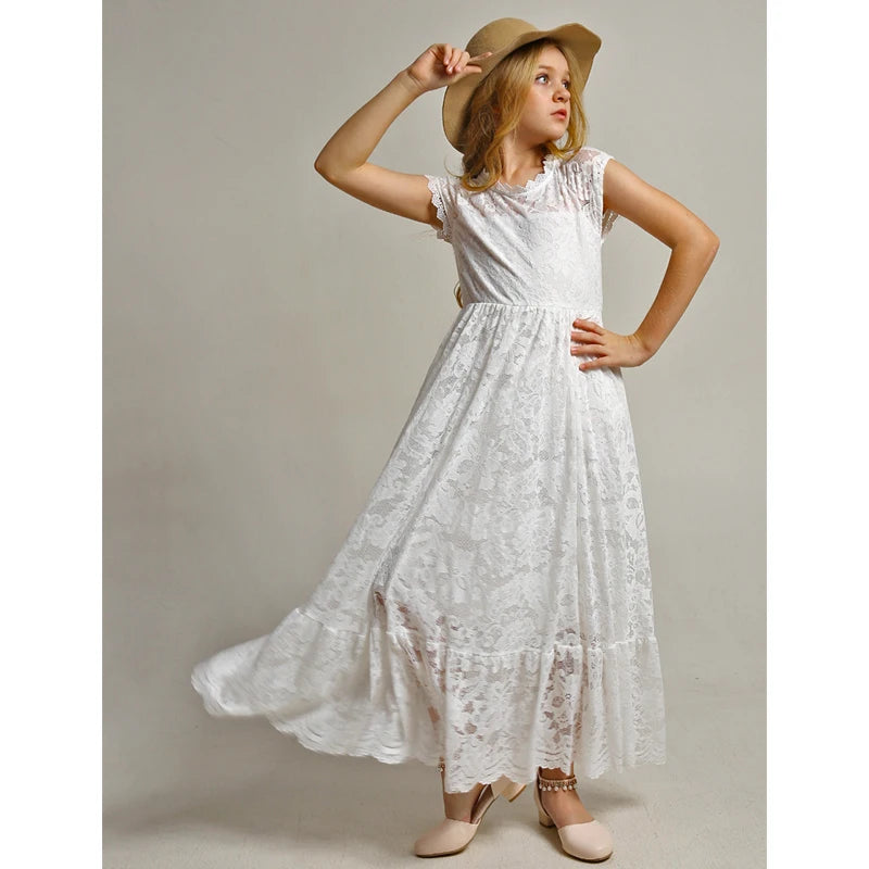 Lace Flower Applique Backless Gown – Elegant Girls' Party & Wedding Dress Ages 2–12