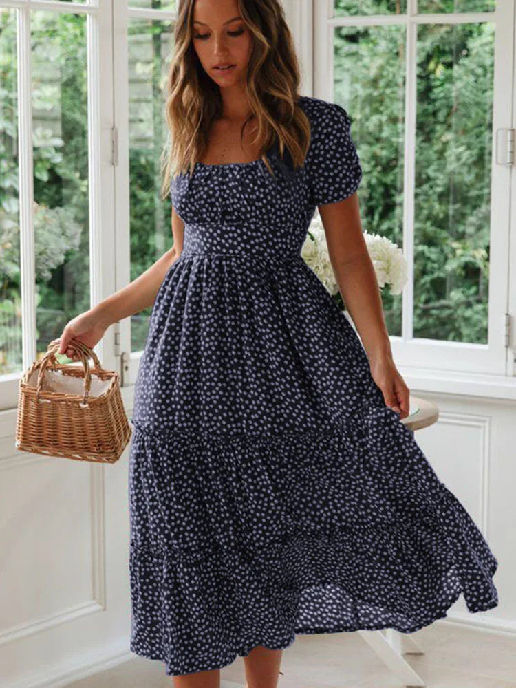 Floral Square Collar Puff Sleeve Midi Dress | A-Line Ruffle Women's Summer Party Dress