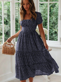 Floral Square Collar Puff Sleeve Midi Dress | A-Line Ruffle Women's Summer Party Dress