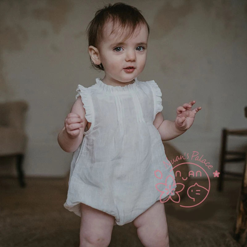 Baby Girls Vintage Linen & Cotton Ruffle Romper | Sleeveless Bodysuit, Ages 0–24M