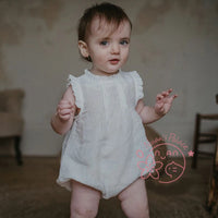 Baby Girls Vintage Linen & Cotton Ruffle Romper | Sleeveless Bodysuit, Ages 0–24M