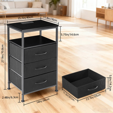 Nightstand with Charging Station – 3-Drawer Fabric Bedside Table with USB, Type-C Ports & LED Light Strip