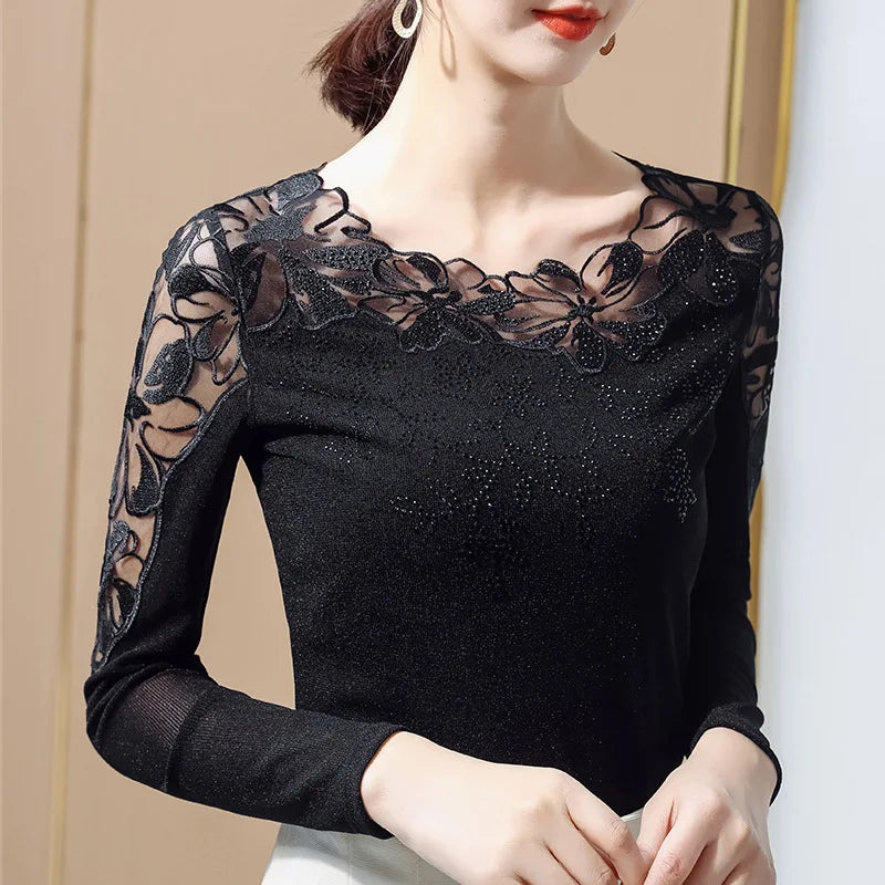 Embroidered Diamond Lace Long Sleeve Top – Loose Fit O-Neck Women's Tee