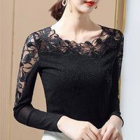 Embroidered Diamond Lace Long Sleeve Top – Loose Fit O-Neck Women's Tee