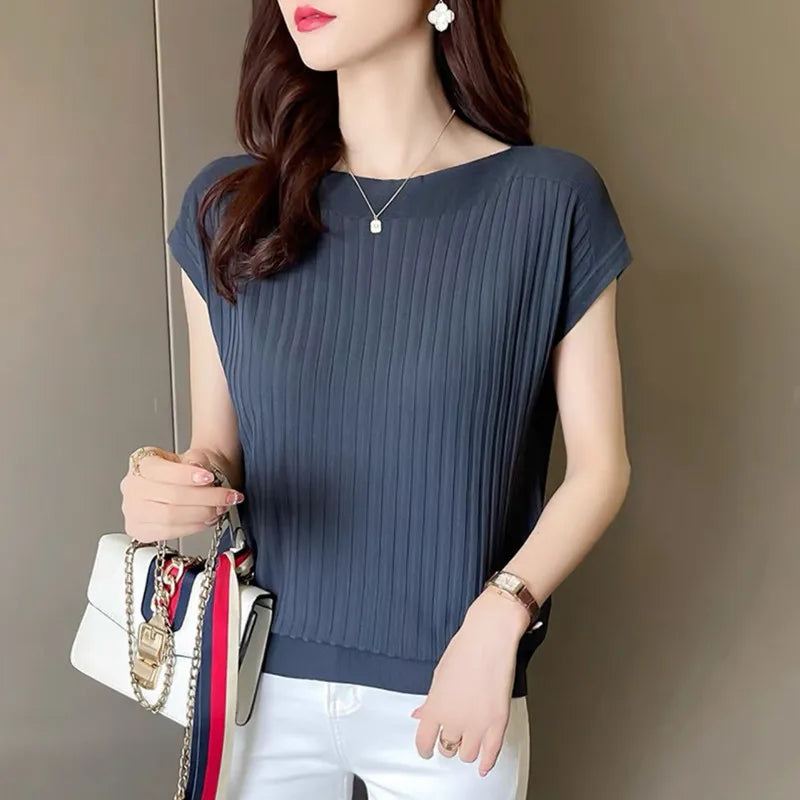 Slash Neck Short Sleeve Knit Pullover – Loose Fit Solid Women's Summer Sweater