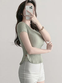 Camiseta Mujer Coreana Acanalada - Cuello Redondo Slim Fit con Abertura Verano 2025
