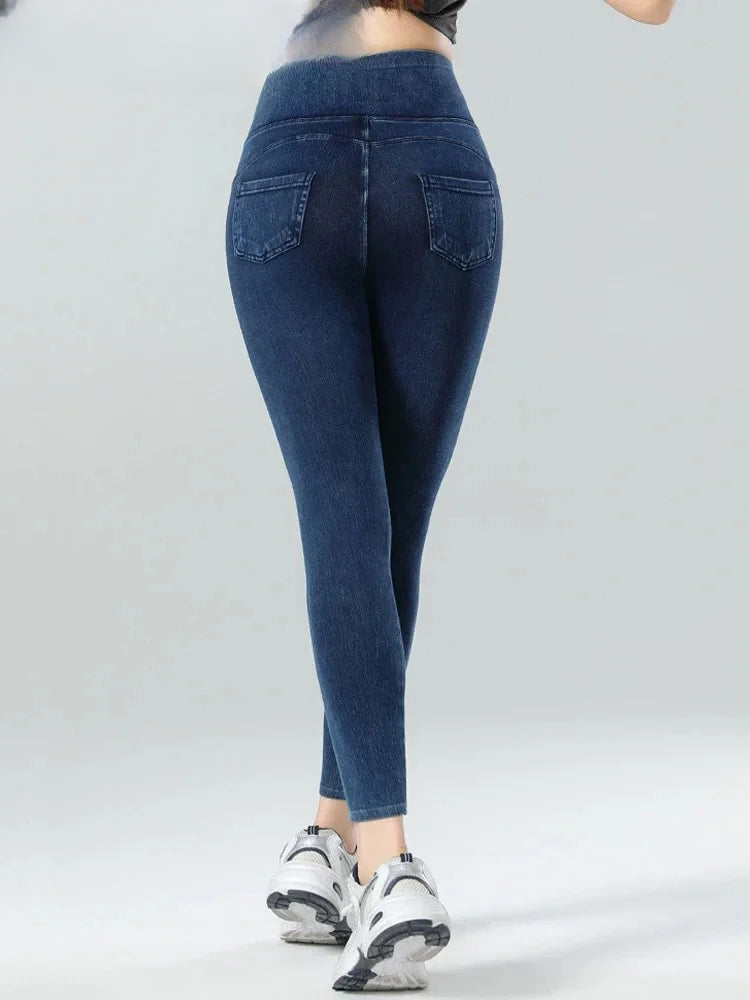 Jeggings Mujer Cintura Alta - Leggings Efecto Jeans con Bolsillos