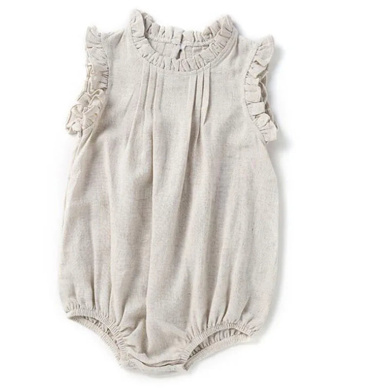 Baby Girls Vintage Linen & Cotton Ruffle Romper | Sleeveless Bodysuit, Ages 0–24M