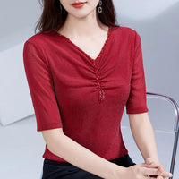 Embroidered Diamond Lace Long Sleeve Top – Loose Fit O-Neck Women's Tee