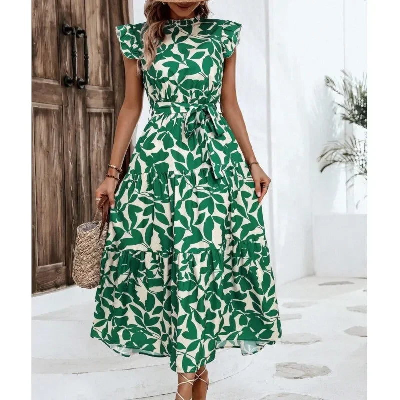 Floral Flying Sleeve Lace-Up Fairy Dress | A-Line Midi Women's Summer Dress