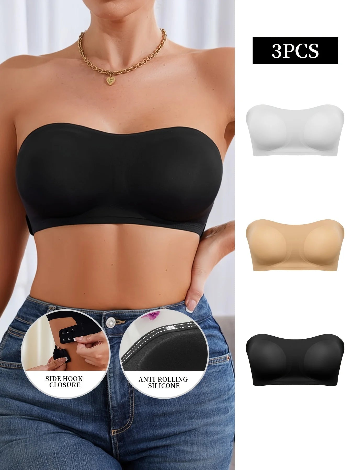 Women's Strapless Seamless Bra – Ice Silk Wire-Free Padded | Traceless Invisible Bra 1pc or 3-Pack