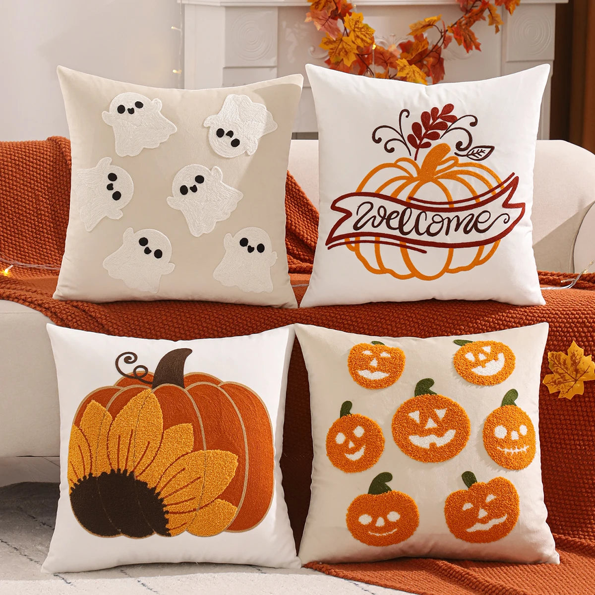 1 PC Halloween Decoration Throw Pillow Cover Pumpkin Ghost Embroidery Velvet Autumn Thanksgiving Harvest Home Living Room