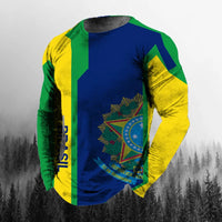 Vintage Brazilian Flag 3D Print Autumn Men's O-Neck T-shirt Casual Long Sleeve Oversized T Shirt Fashion Pullover Men Clothing
