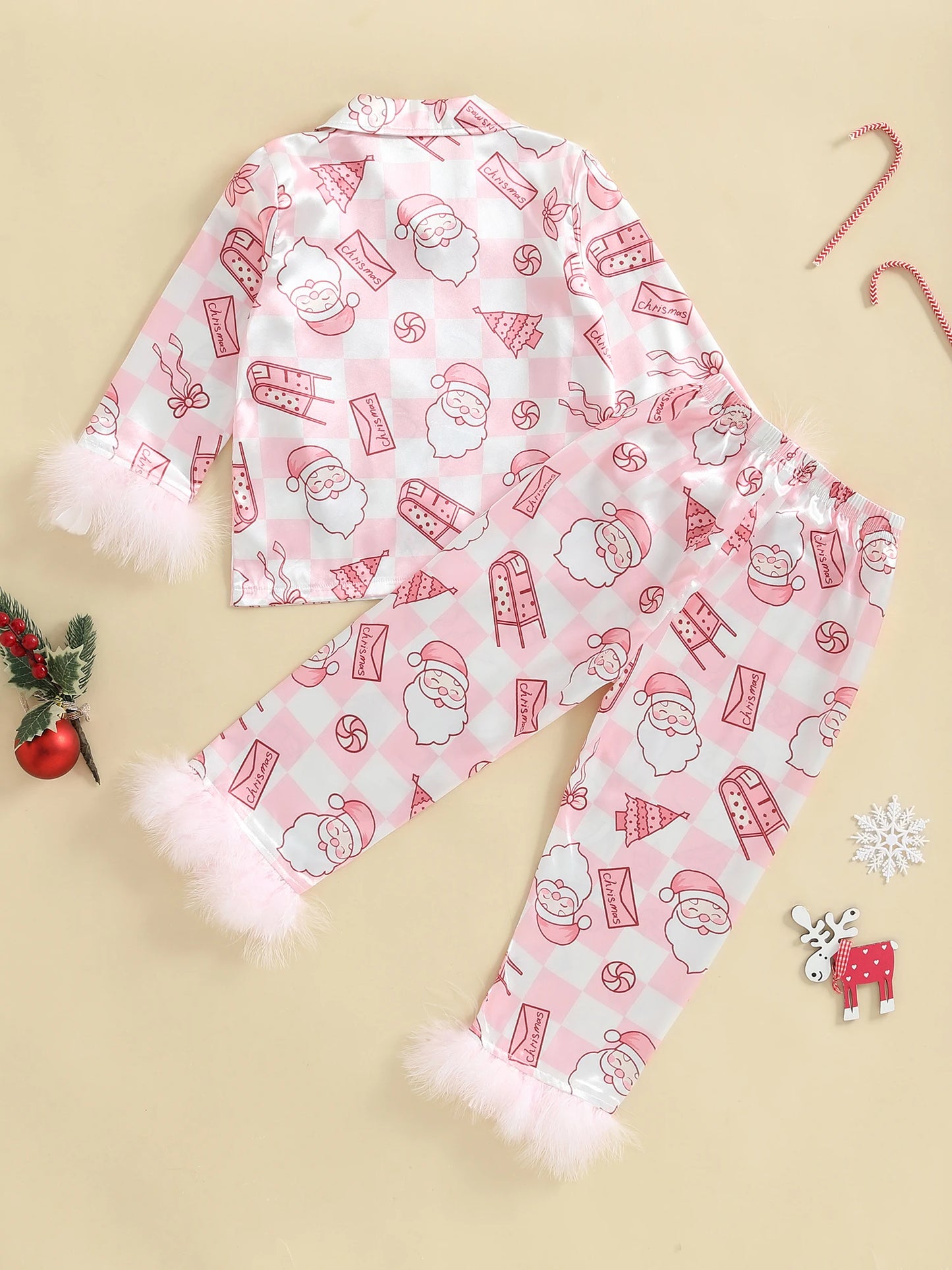 Children s Girls Holiday Pajama Set Festive Reindeer Print Long Sleeve Shirt with Cozy Elastic Waist Pants for Sleepwear