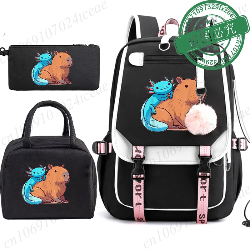 Mochila Escolar Anime Boba Axolotl con Lonchera y Estuche - Set 3 Piezas para Adolescentes