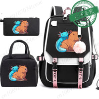 Mochila Escolar Anime Boba Axolotl con Lonchera y Estuche - Set 3 Piezas para Adolescentes