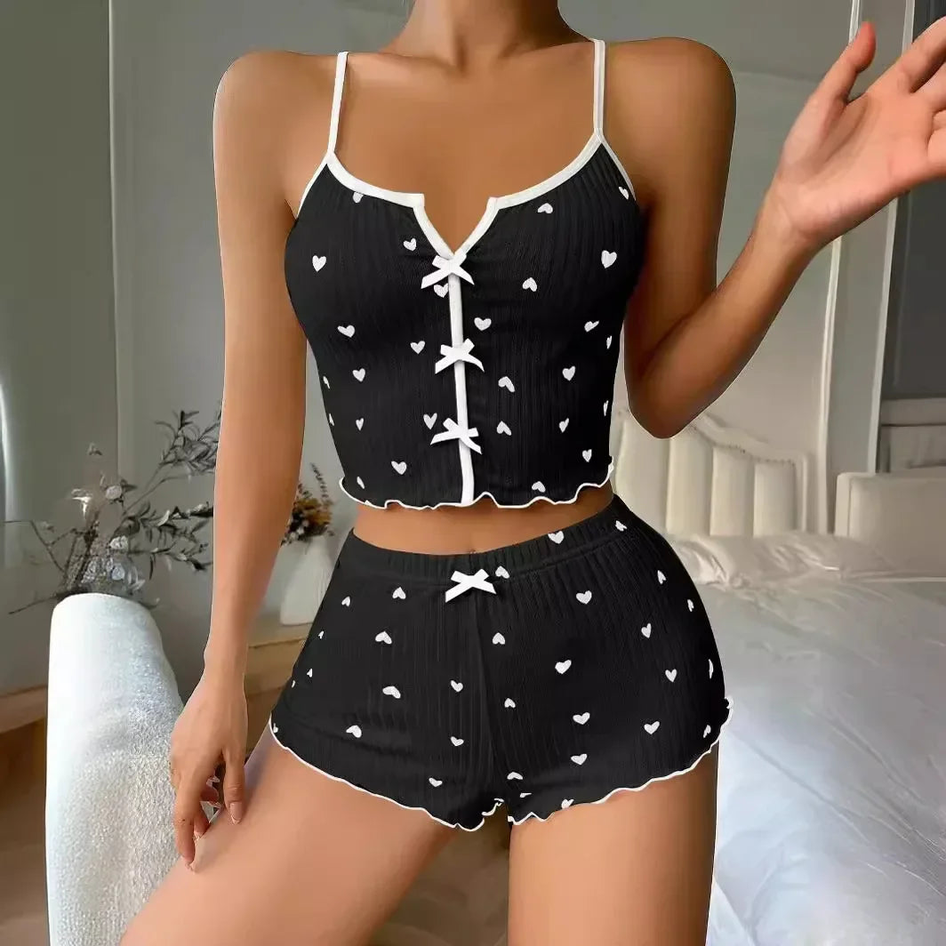 Pijama Mujer 2 Piezas Estampado Corazones - Conjunto Sexy Camisola y Shorts con Encaje