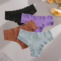 FINETOO 4PCS Sexy Lace Cotton Panties Women Brazilian Panties Ladies Sexy Low Waist Elastic T-Back Bikini Solid Soft Lingerie