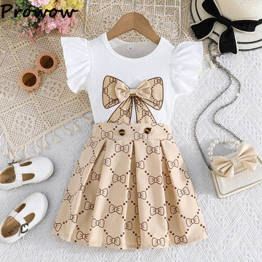 Girls Flutter Sleeve Top & Vintage Printed Skirt Set (2-Piece Summer Outfit)