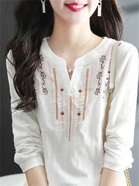 Embroidered V-Neck Blouse - White Long Sleeve Top