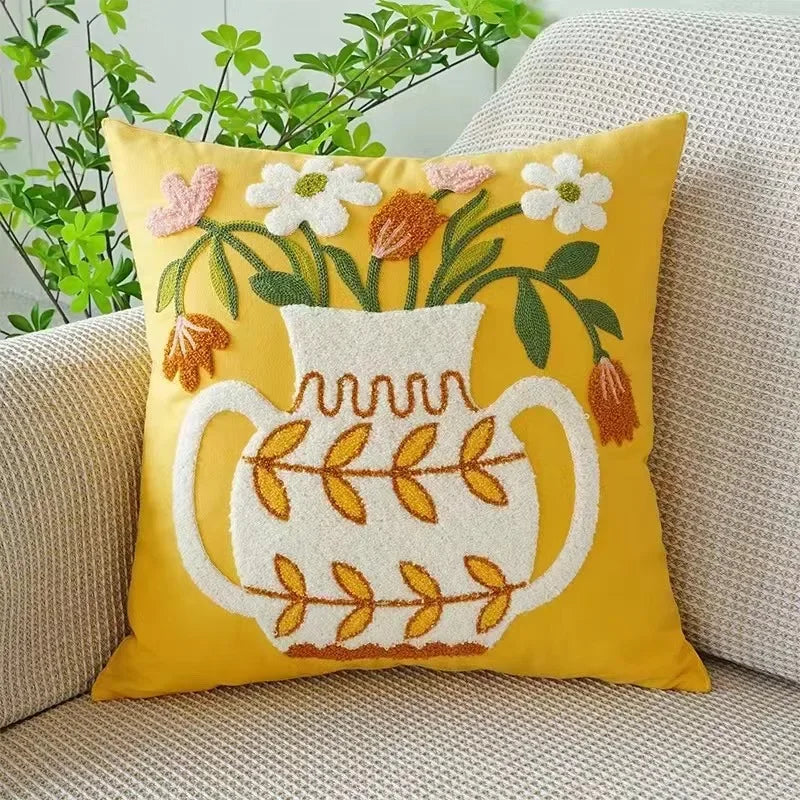 Floral Embroidered Cotton Pillow Cover - Rustic Decorative Cushion Case