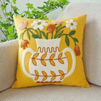 Floral Embroidered Cotton Pillow Cover - Rustic Decorative Cushion Case