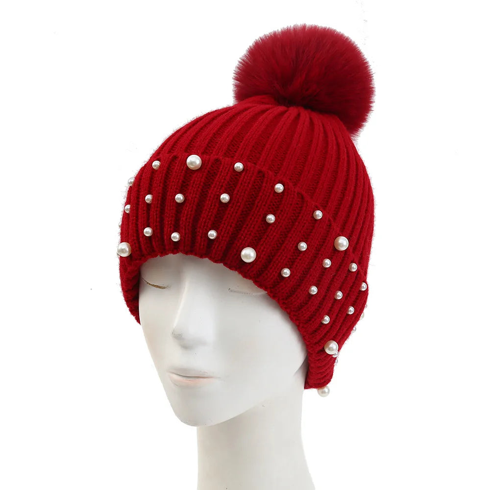 Gorro de Invierno con Pompón y Perlas - Gorro Tejido Cálido para Mujer
