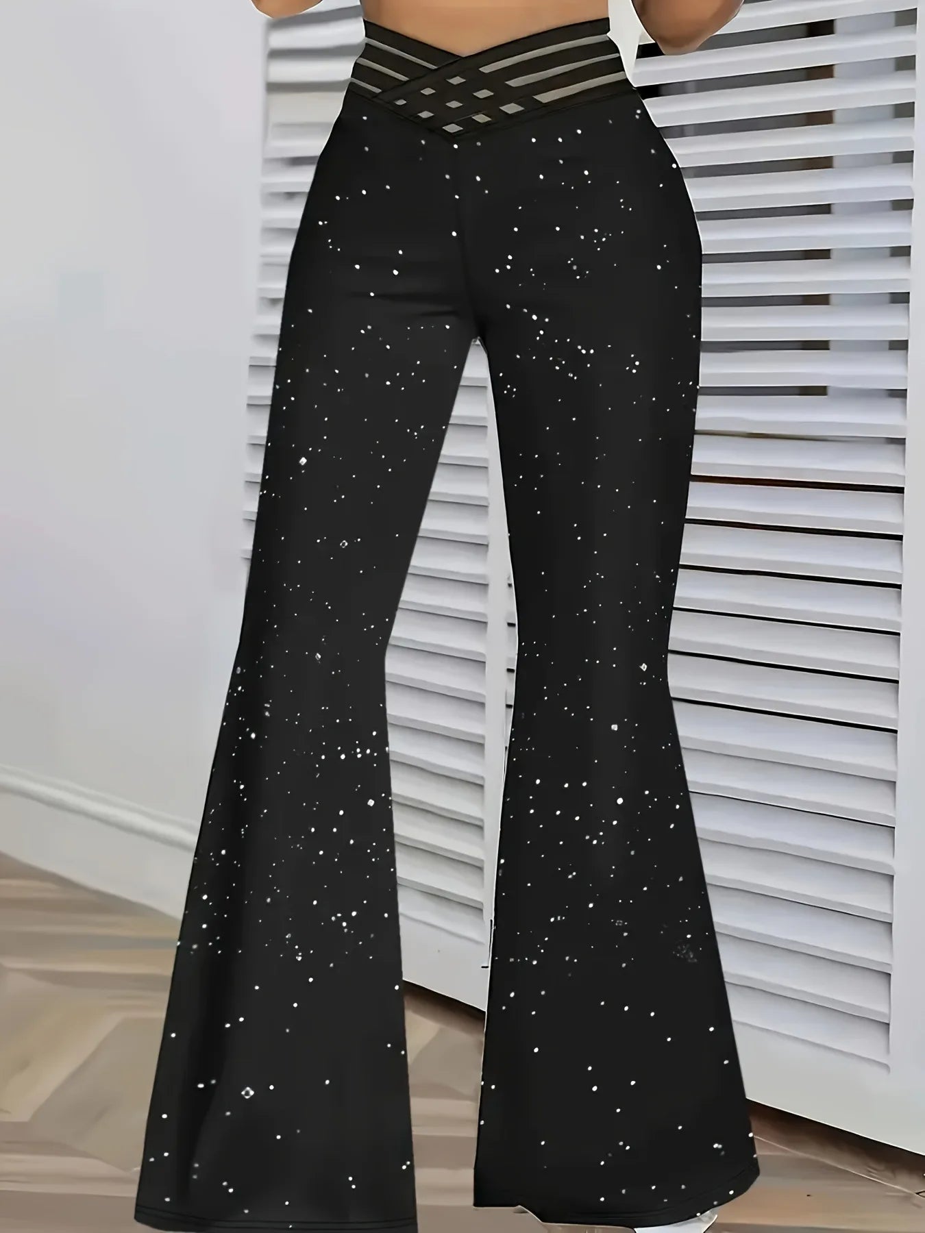 High Waist Loose Long Pants Wide Leg Pants Hollow out Belt Casual Loose Fit Ladies Fashion Polyester Fiber Printed