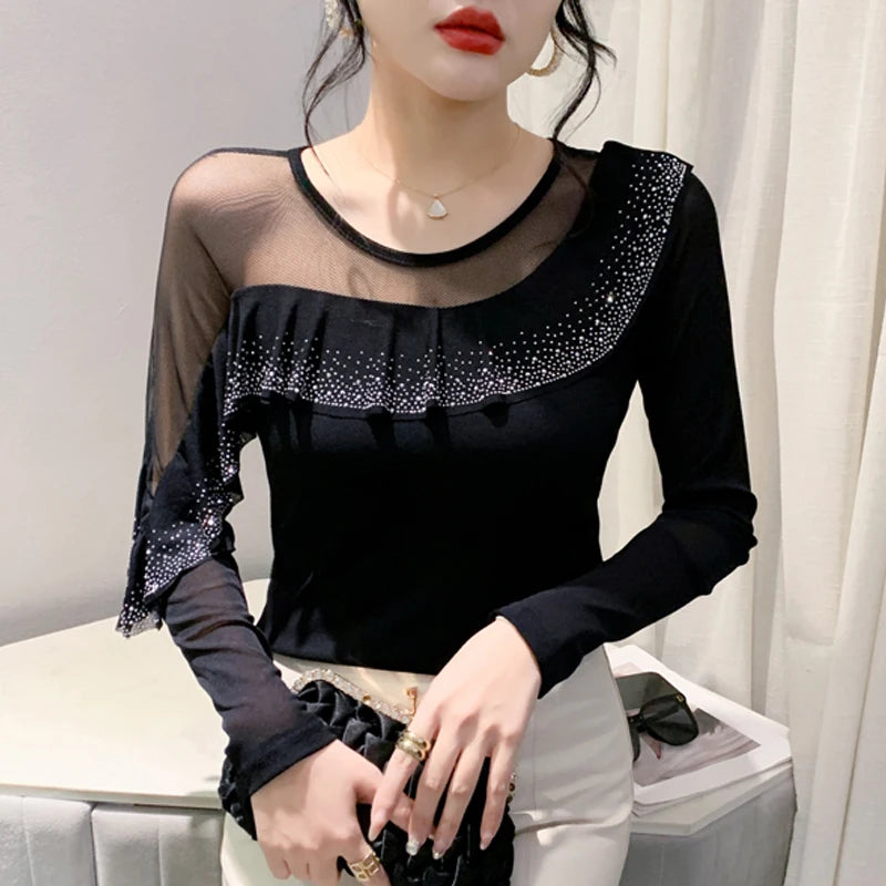 Korean Mesh Ruffle Top with Hot Diamonds | Long Sleeve Slim Fit Women's Shirt