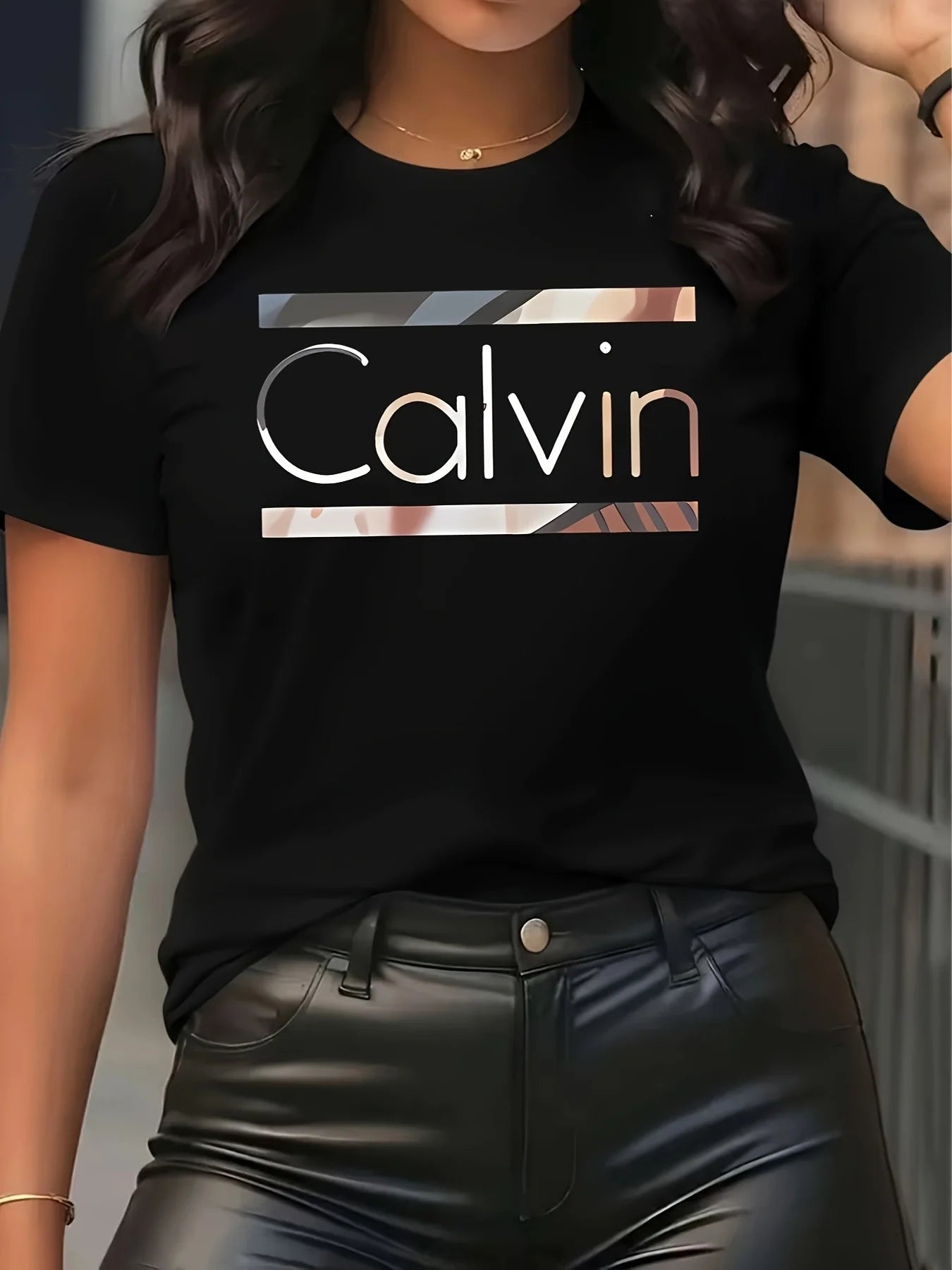 Women's Calvin Letter Print T-Shirt | Casual Crew Neck