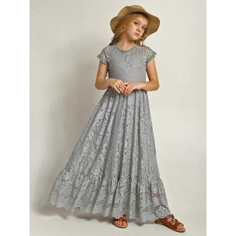 Lace Flower Applique Backless Gown – Elegant Girls' Party & Wedding Dress Ages 2–12