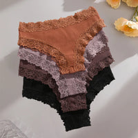 FINETOO 4PCS Sexy Lace Cotton Panties Women Brazilian Panties Ladies Sexy Low Waist Elastic T-Back Bikini Solid Soft Lingerie