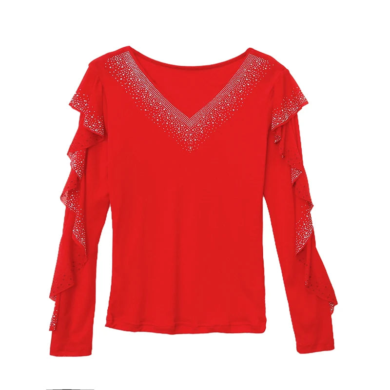Korean Mesh Ruffle Top with Hot Diamonds | Long Sleeve Slim Fit Women's Shirt