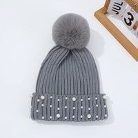 Gorro de Invierno con Pompón y Perlas - Gorro Tejido Cálido para Mujer