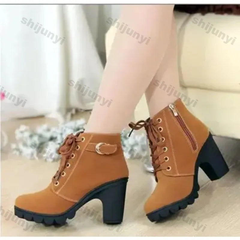 Winter 2022 New High Heeled Women Boots Cross Straps Short Boots Comfortable Waterproof Boots Warm Plus Size 42 Botas Femininas